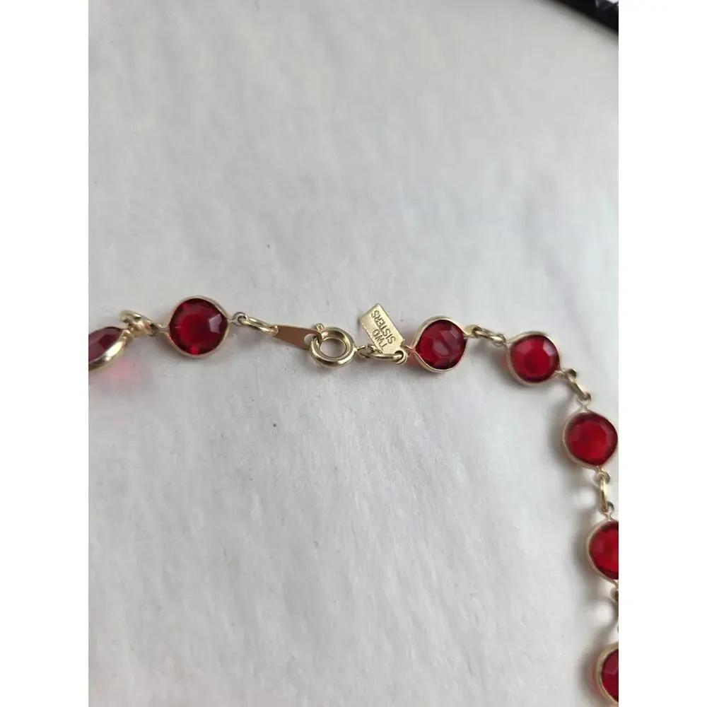Two Sisters Necklace Gold Tone Red Crystals - Picture 3 of 8